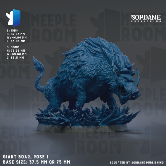a large, blue boar statue with a fierce expression, standing on a base that is described as either 35 mm or 75 mm in size. The background of the image is a dark gray color, and the text "SORDANE PUBLISHING" is visible, indicating that the image is likely from a published work.