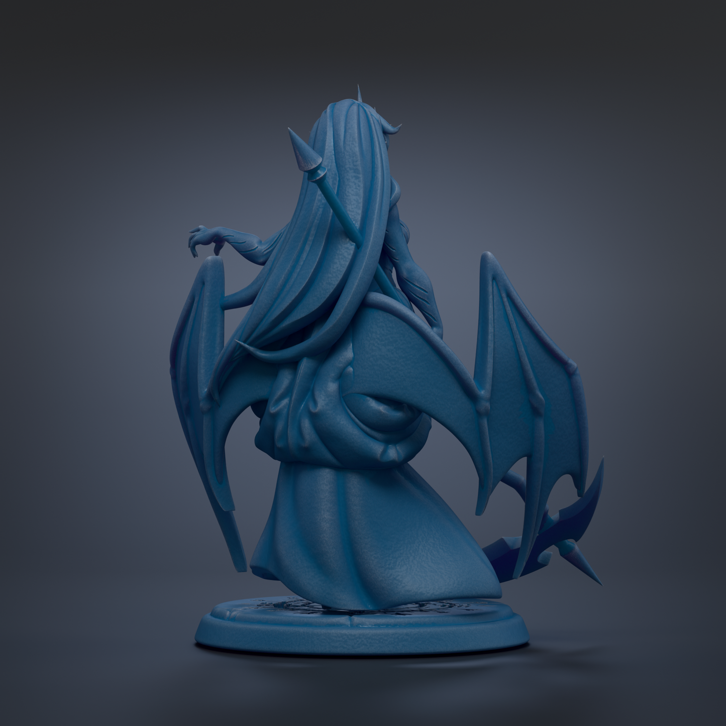 A blue, 3D-rendered statue of a winged creature with long hair, standing on a base and holding a weapon.