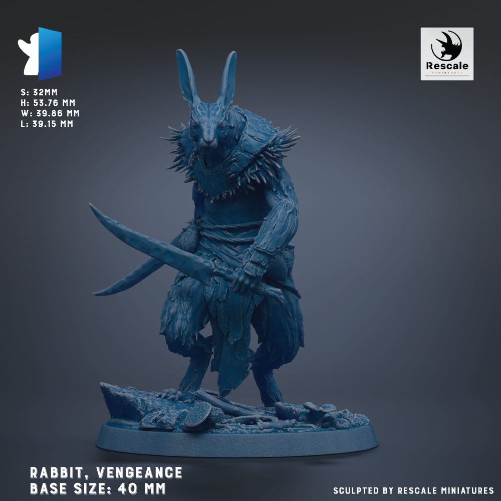 a large, detailed statue of a rabbit wielding a sword, with a rugged, fierce appearance.