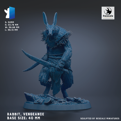 a large, detailed statue of a rabbit wielding a sword, with a rugged, fierce appearance.