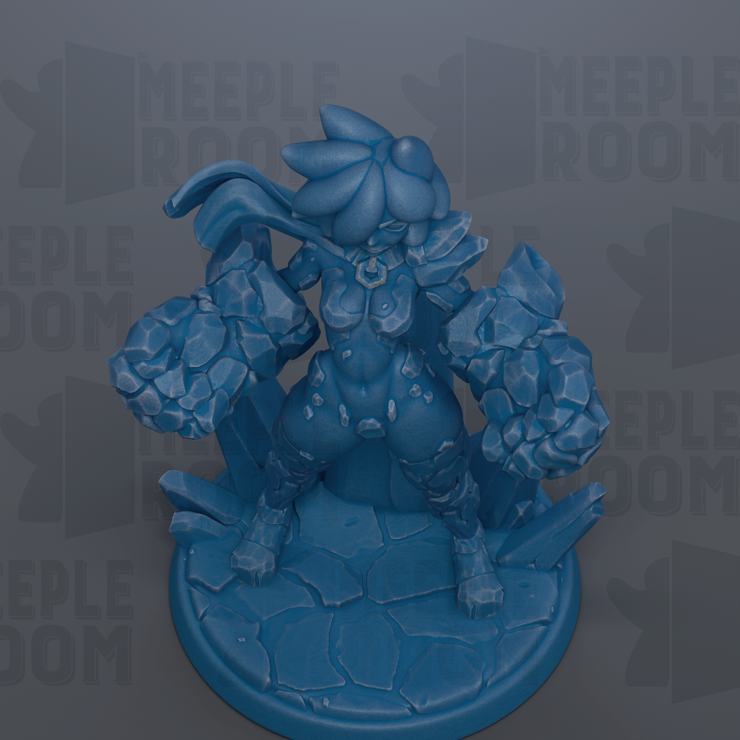 A blue figurine of a female character with a large head and multiple arms, standing on a blue base.