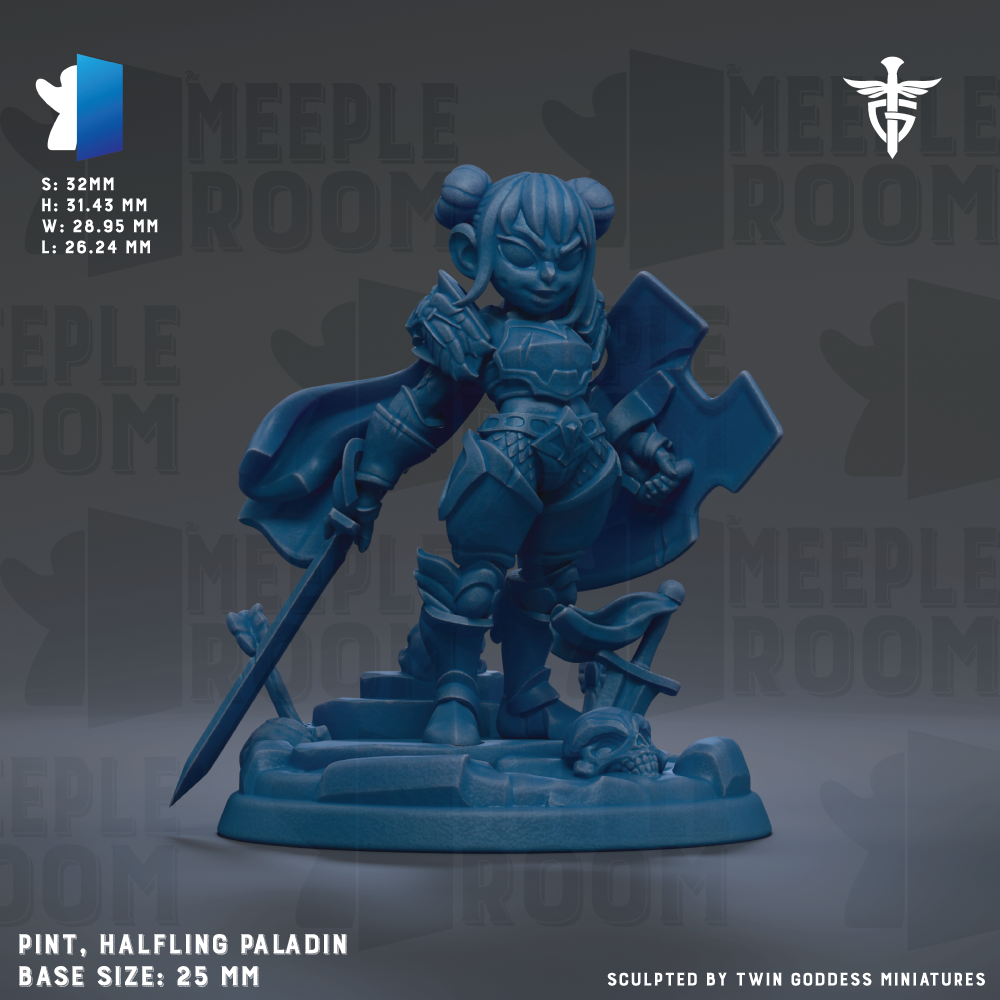 The image is a 3D model of a female character, likely a fantasy or adventure character, with a blue color scheme. The character is holding a sword and appears to be in a fighting stance. The image is described as a "halfling padin" and is shown in a base size of 25mm. The background of the image is described as a "MELLOW ROOM" with a repeating pattern of the word "MELLOW" and a symbol resembling a winged creature.