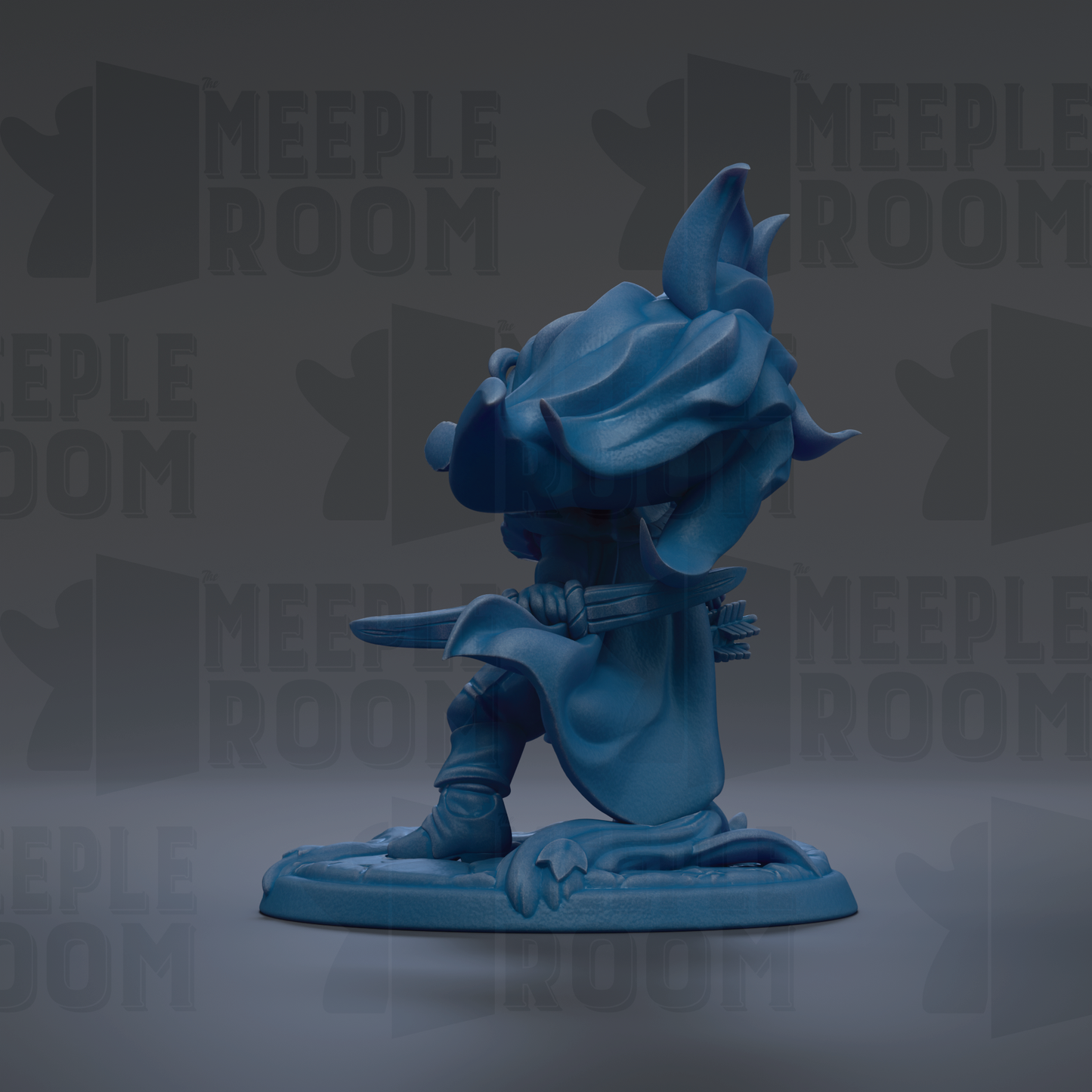 A blue figurine of a character with a flowing cape and a sword, set against a dark background with repeated text.