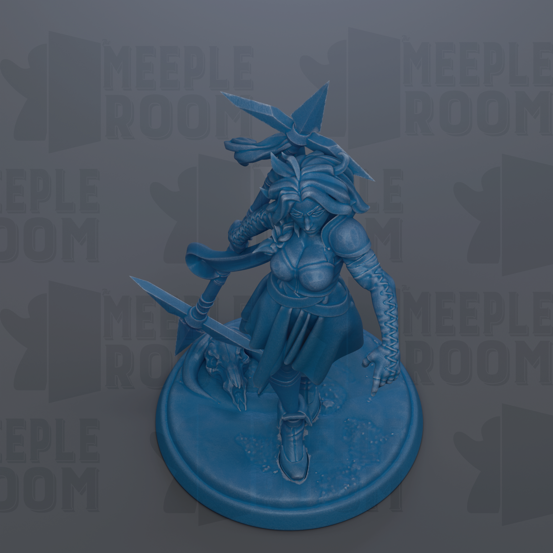 A blue figurine of a female character with a sword and a large headdress, standing on a circular base.