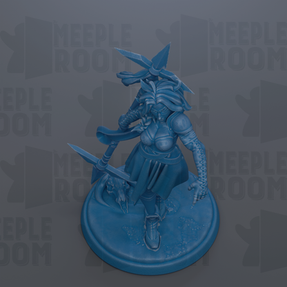 A blue figurine of a female character with a sword and a large headdress, standing on a circular base.