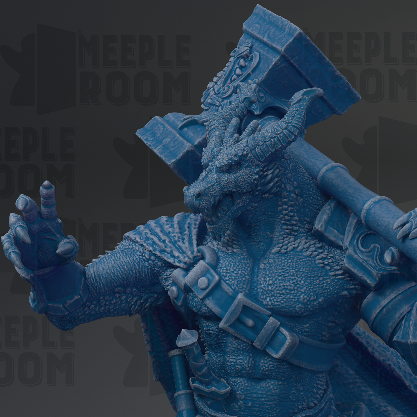 A detailed, blue dragon statue with intricate scales and a fierce expression, standing against a dark background with the text "MEUPLE ROOM" repeated multiple times.