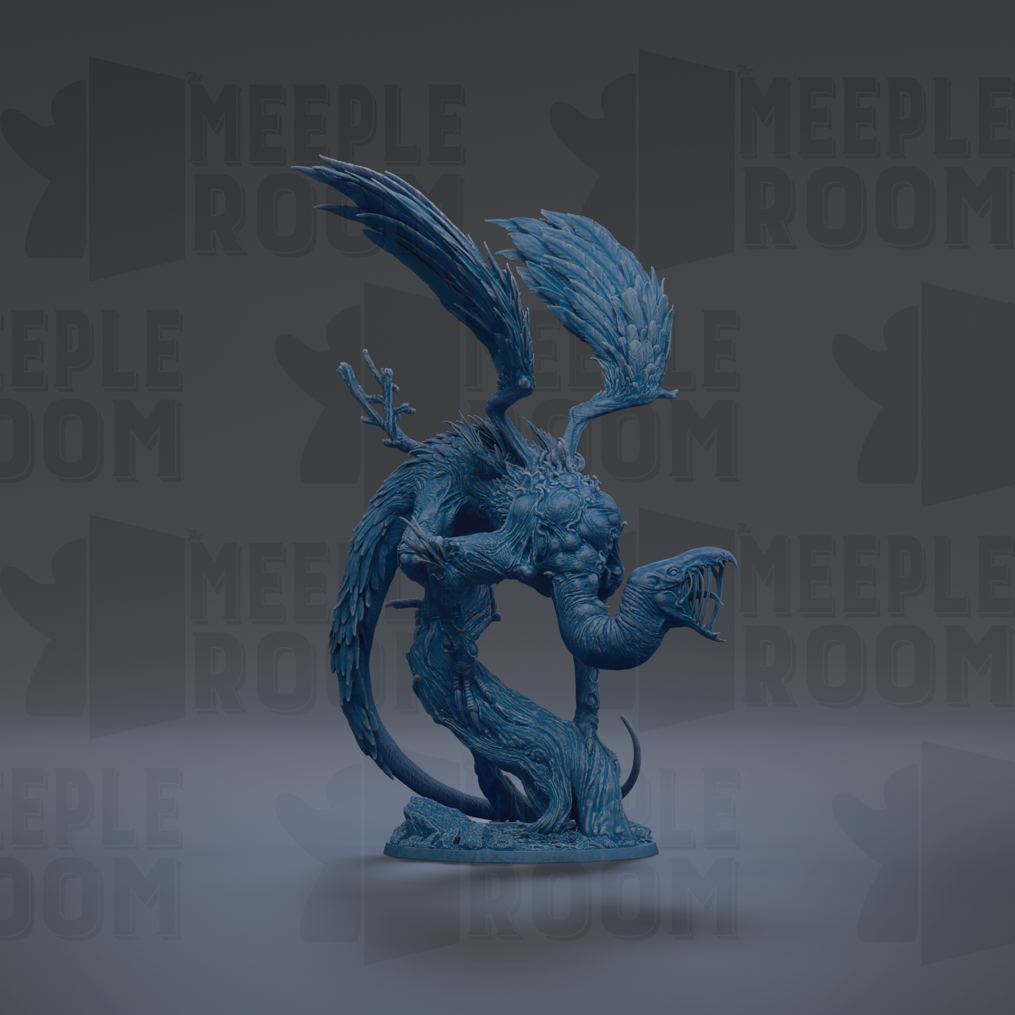 A blue, winged dragon figurine is shown against a dark background with repeated text.