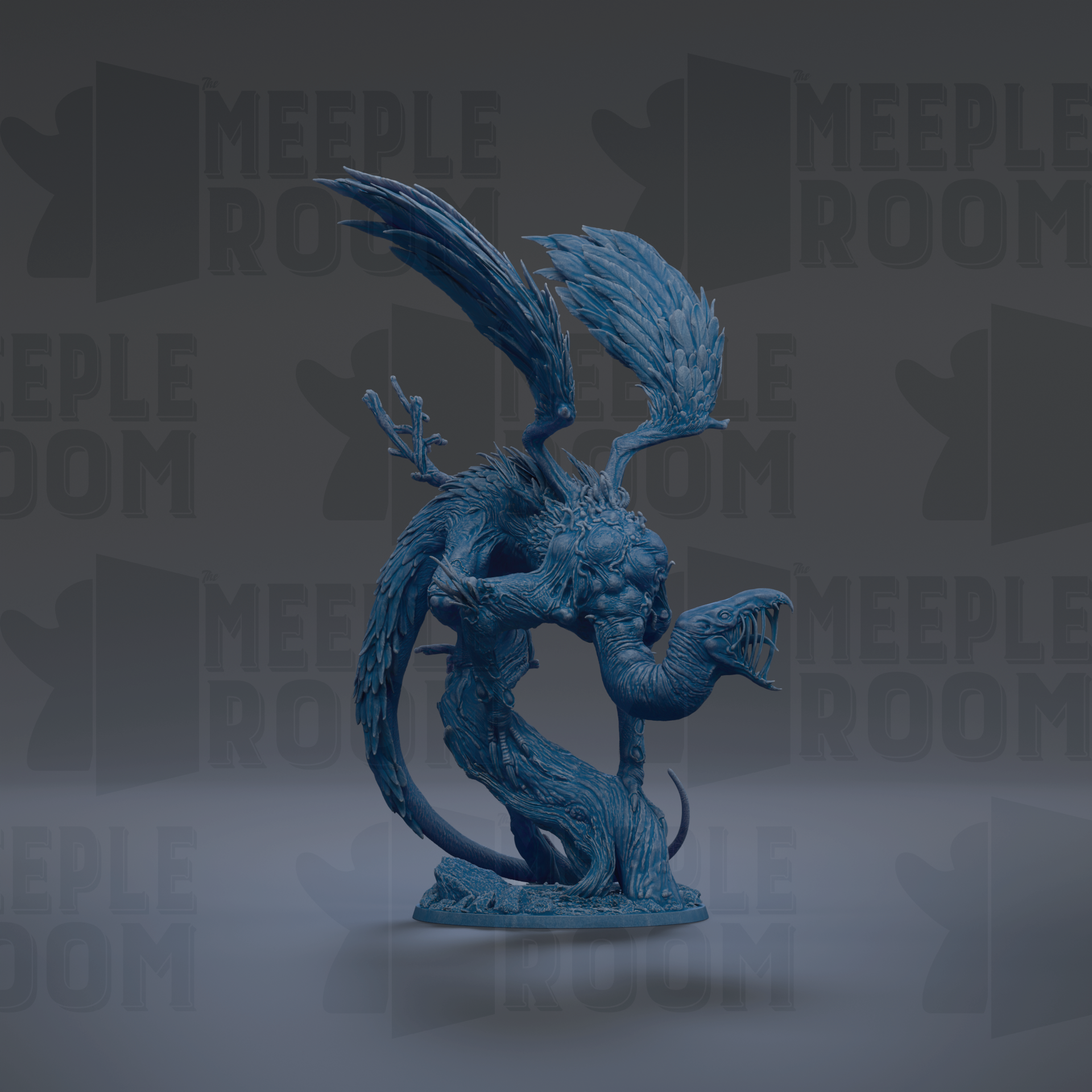 A blue, winged dragon figurine is shown against a dark background with repeated text.