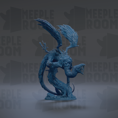 A blue, winged dragon figurine is shown against a dark background with repeated text.