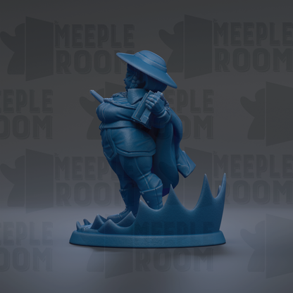 A blue figurine of a person wearing a hat and holding a book, standing on a base.
