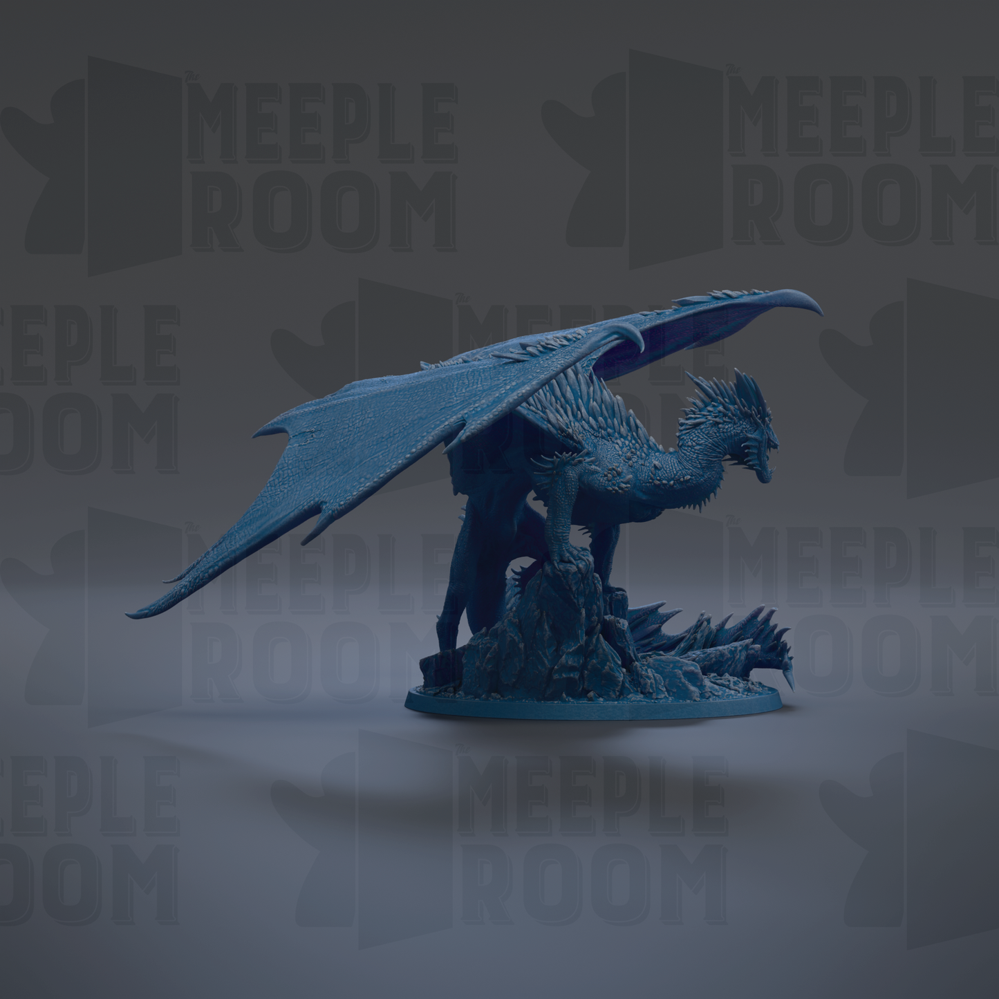 A blue dragon figurine with outstretched wings is the central focus of the image.