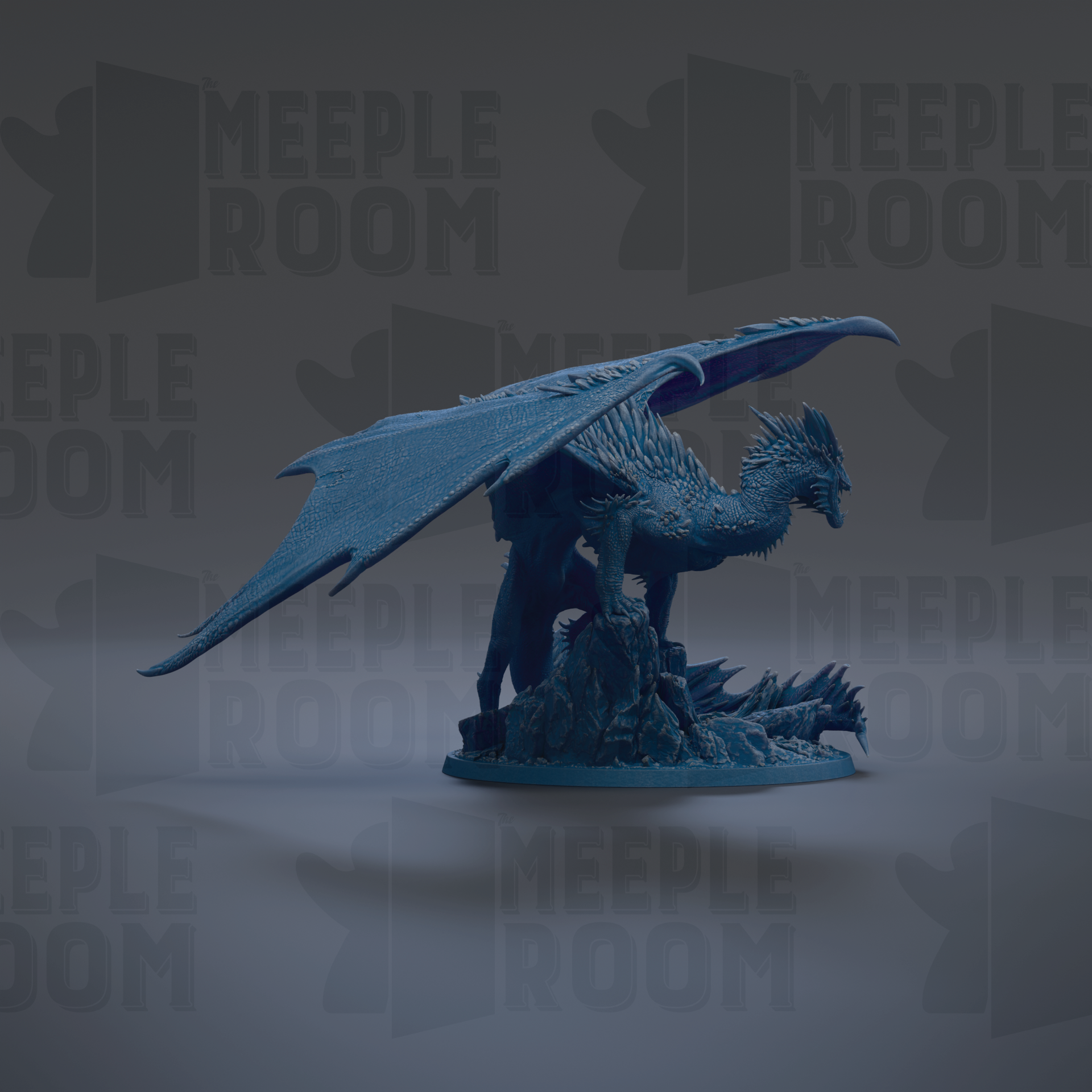 A blue dragon figurine with outstretched wings is the central focus of the image.