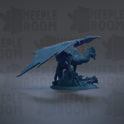 A blue dragon figurine with outstretched wings is the central focus of the image.