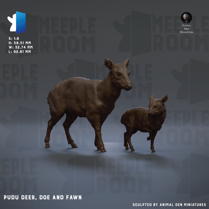 two deer sculptures, one larger and one smaller, set against a dark background with repeated text.