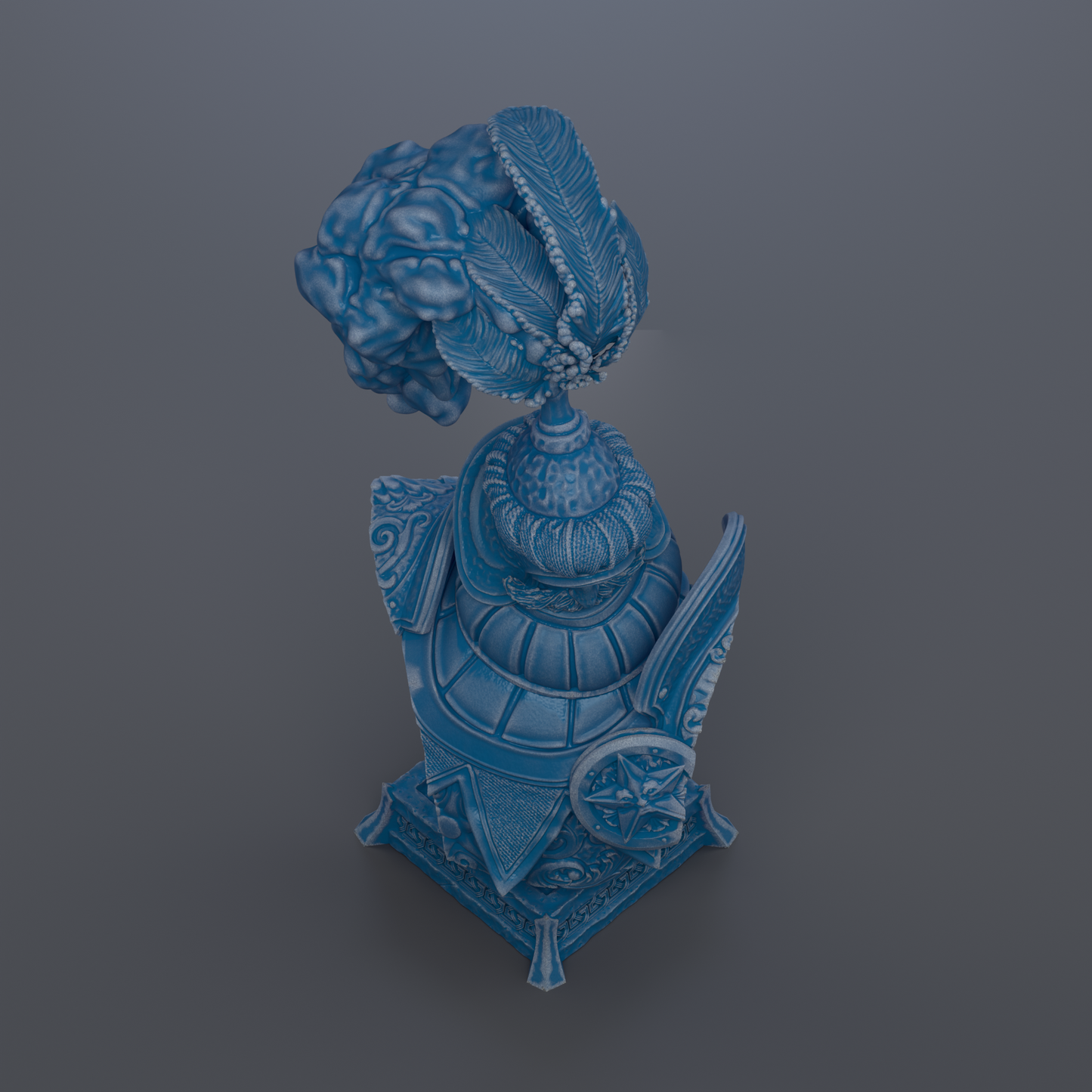 a blue and white ornate vase or sculpture with intricate designs and patterns.