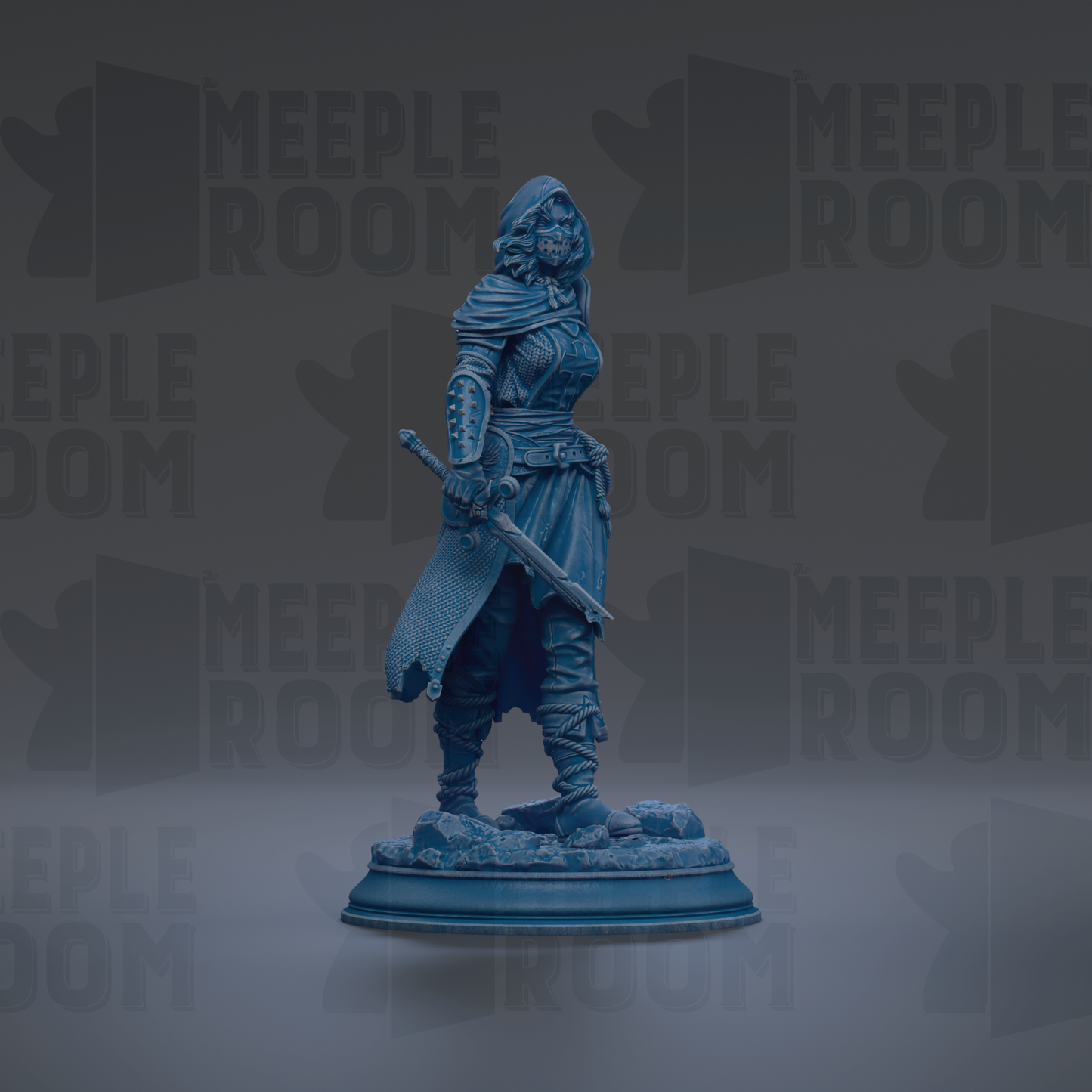 A blue statue of a person holding a sword and shield, standing on a pedestal against a dark background with repeated text.