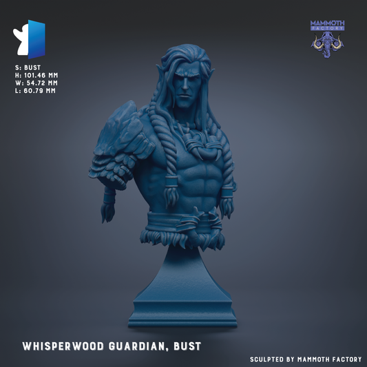 The image is a bust of a muscular, bearded man with long hair, wearing a helmet and a shield, standing on a pedestal. The image is described as a "Whisperwood Guardian, Bust" and is sculpted by the Mammoth Factory.