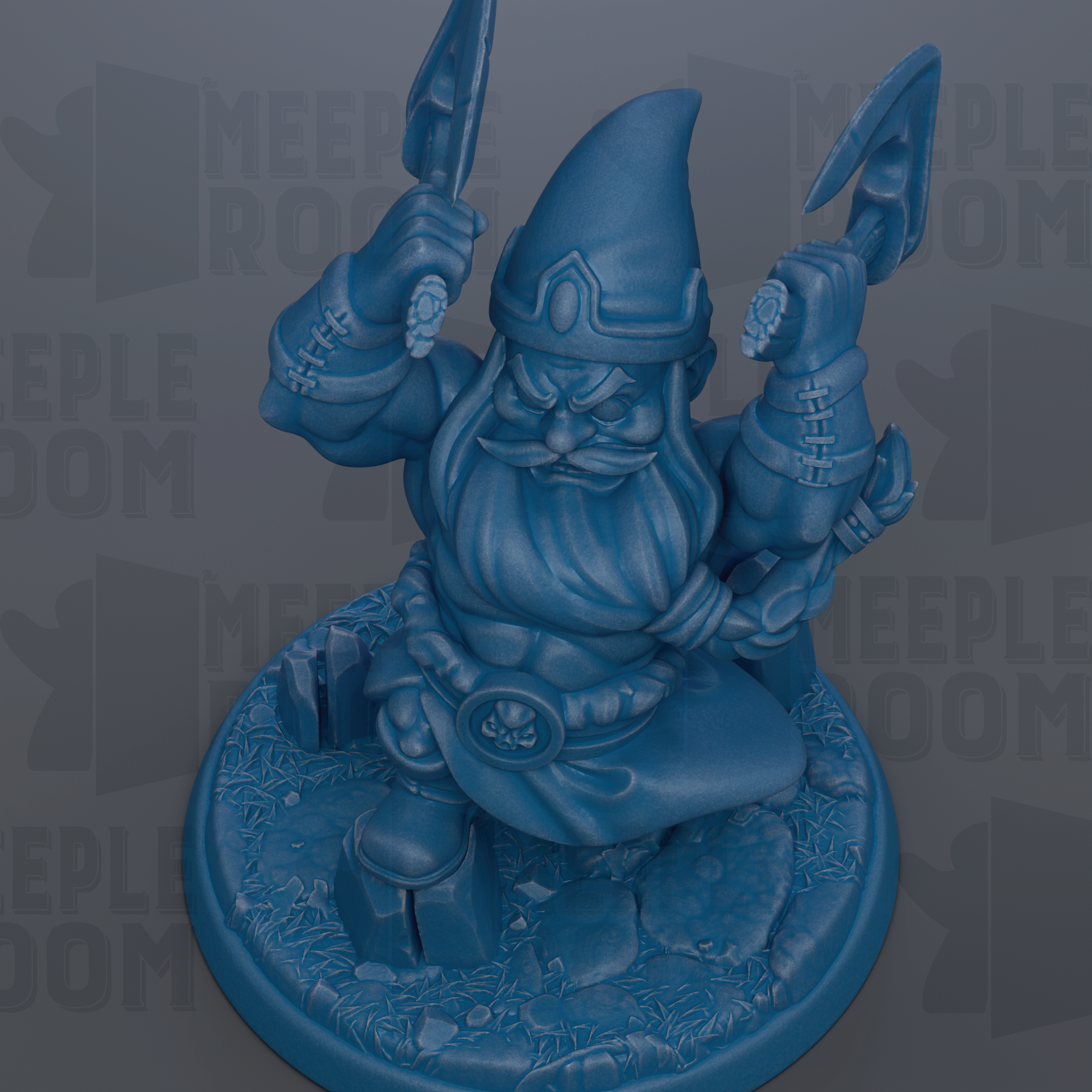 A blue figurine of a gnome-like character holding a sword and shield, standing on a base with a rocky terrain.