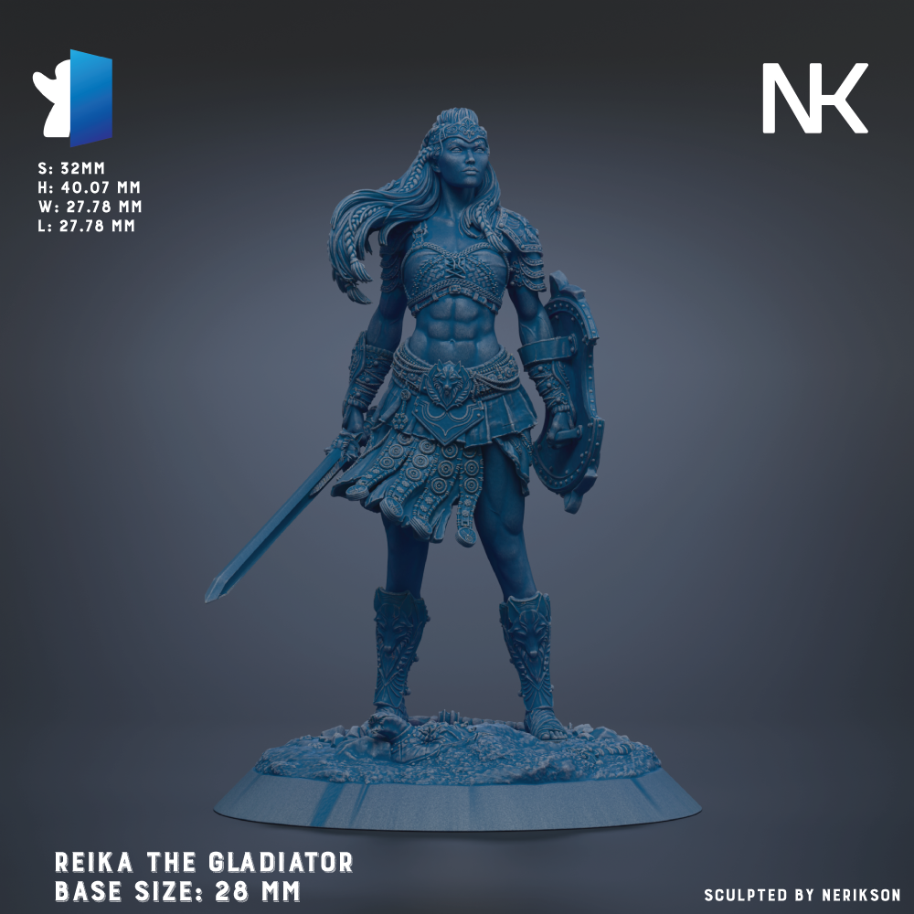 a female warrior figure, specifically Reika the Gladiator, standing in a fighting stance with a sword in her right hand and a shield in her left hand. The base sizes of the figure are 28 mm.