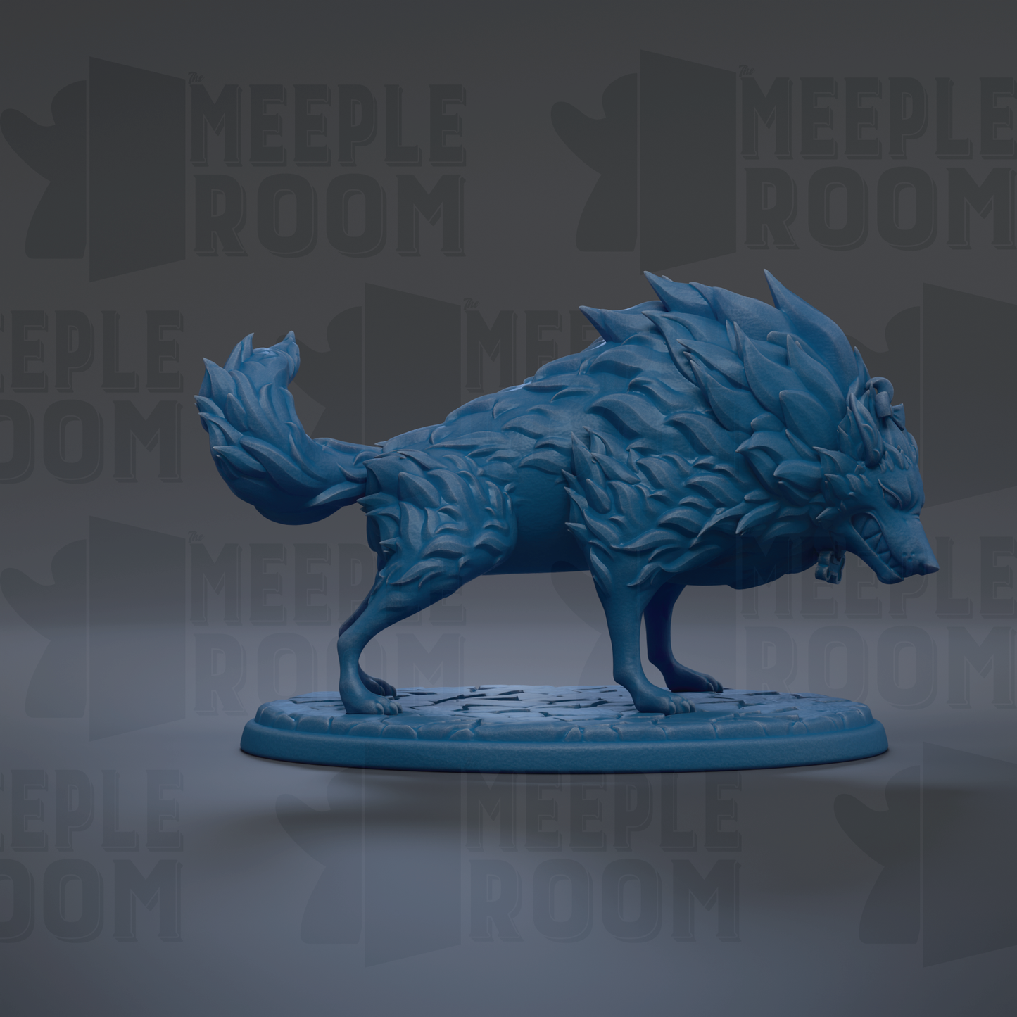 A blue, stylized wolf figurine is displayed on a blue base against a dark background with repeated text.
