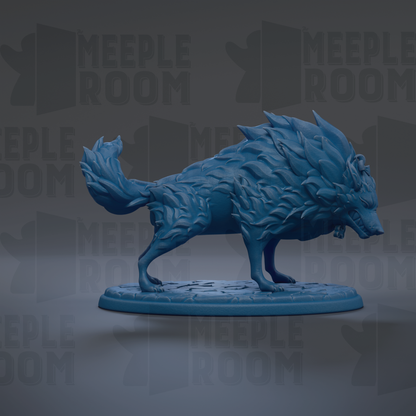 A blue, stylized wolf figurine is displayed on a blue base against a dark background with repeated text.