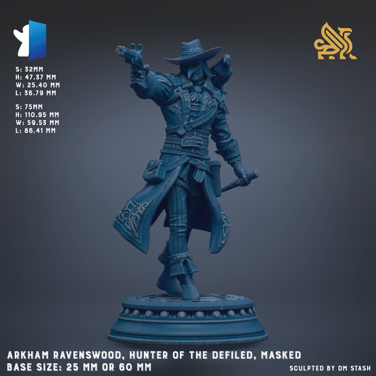 A detailed 3D model of a character from the video game "Hunter of the Defiled", specifically the "Hunter of the Masked" character. The character is depicted in a dynamic pose, with one hand raised and the other holding a weapon. The character is standing on a pedestal, and the image is labeled with the character's base size and the game's title.