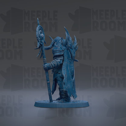 A blue figurine of a warrior standing on a base, holding a staff and wearing a helmet with spikes.