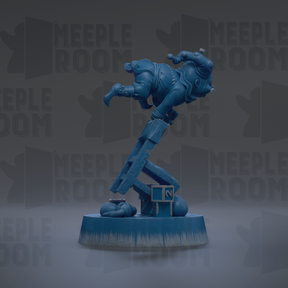 A blue, 3D-rendered figure of a person appears to be standing on a platform, with a large, blue structure or platform beneath them. The background features repeated text that reads "MEUPLE ROOM".