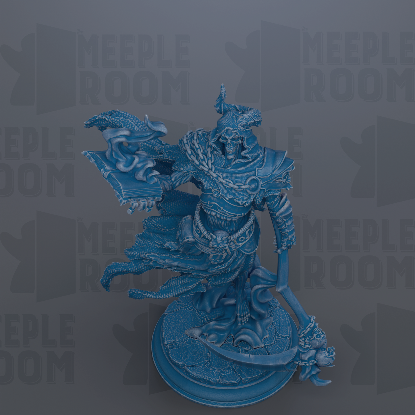 A blue, 3D-rendered statue of a warrior figure with a sword and shield, standing on a pedestal.