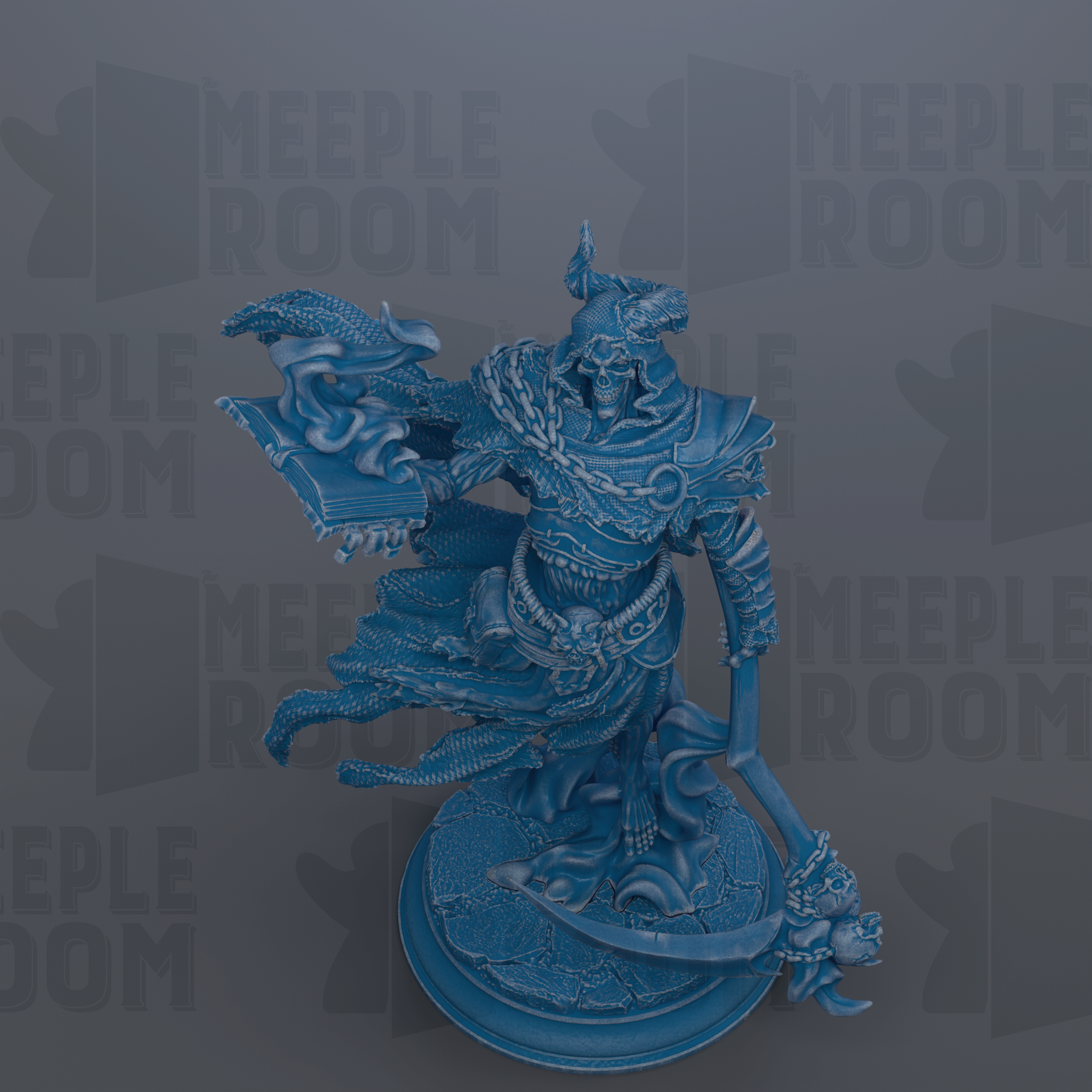 A blue, 3D-rendered statue of a warrior figure with a sword and shield, standing on a pedestal.