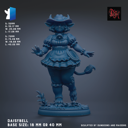 The image is a 3D model of a blue figurine of a cow-like character, with various base sizes ranging from 18 mm to 40 mm.