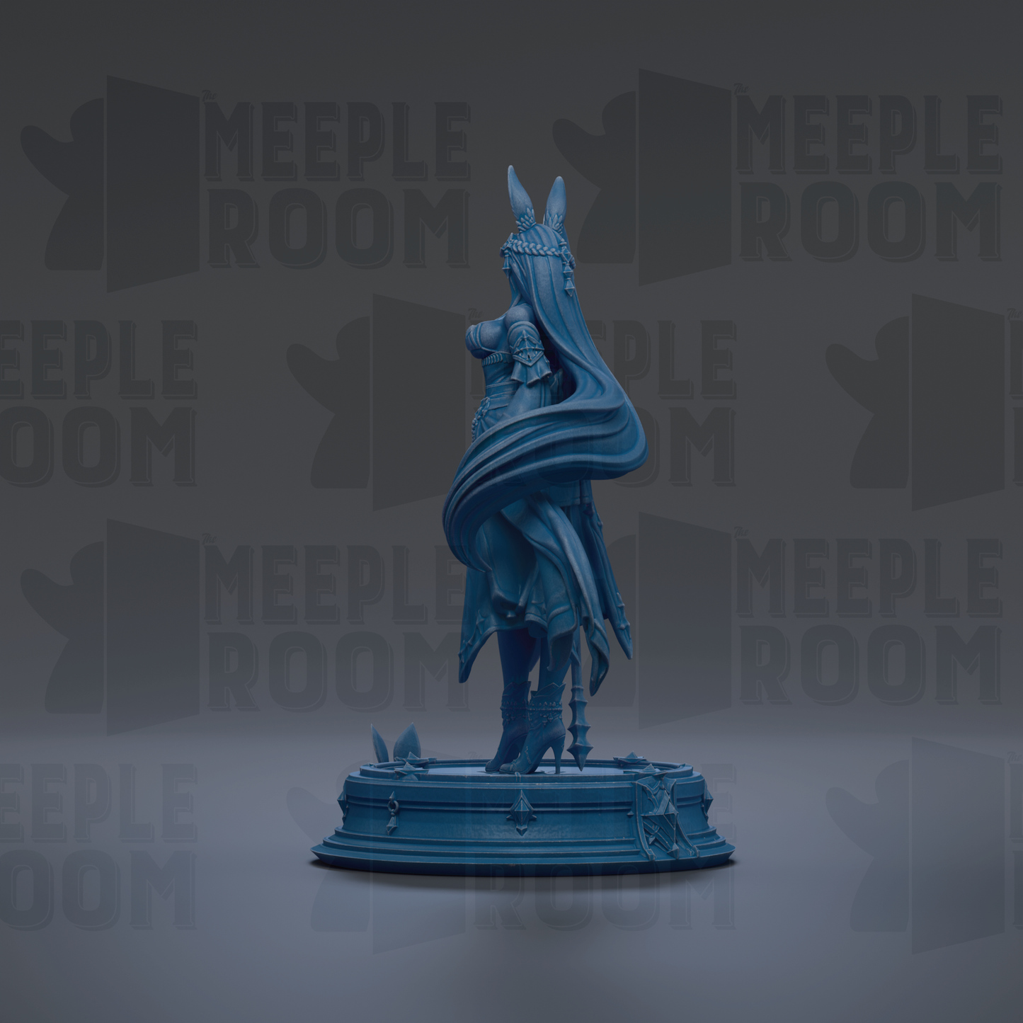 A blue statue of a figure with long hair and a flowing cloak stands on a pedestal against a dark background with repeated "MEIPLE ROOM" text.