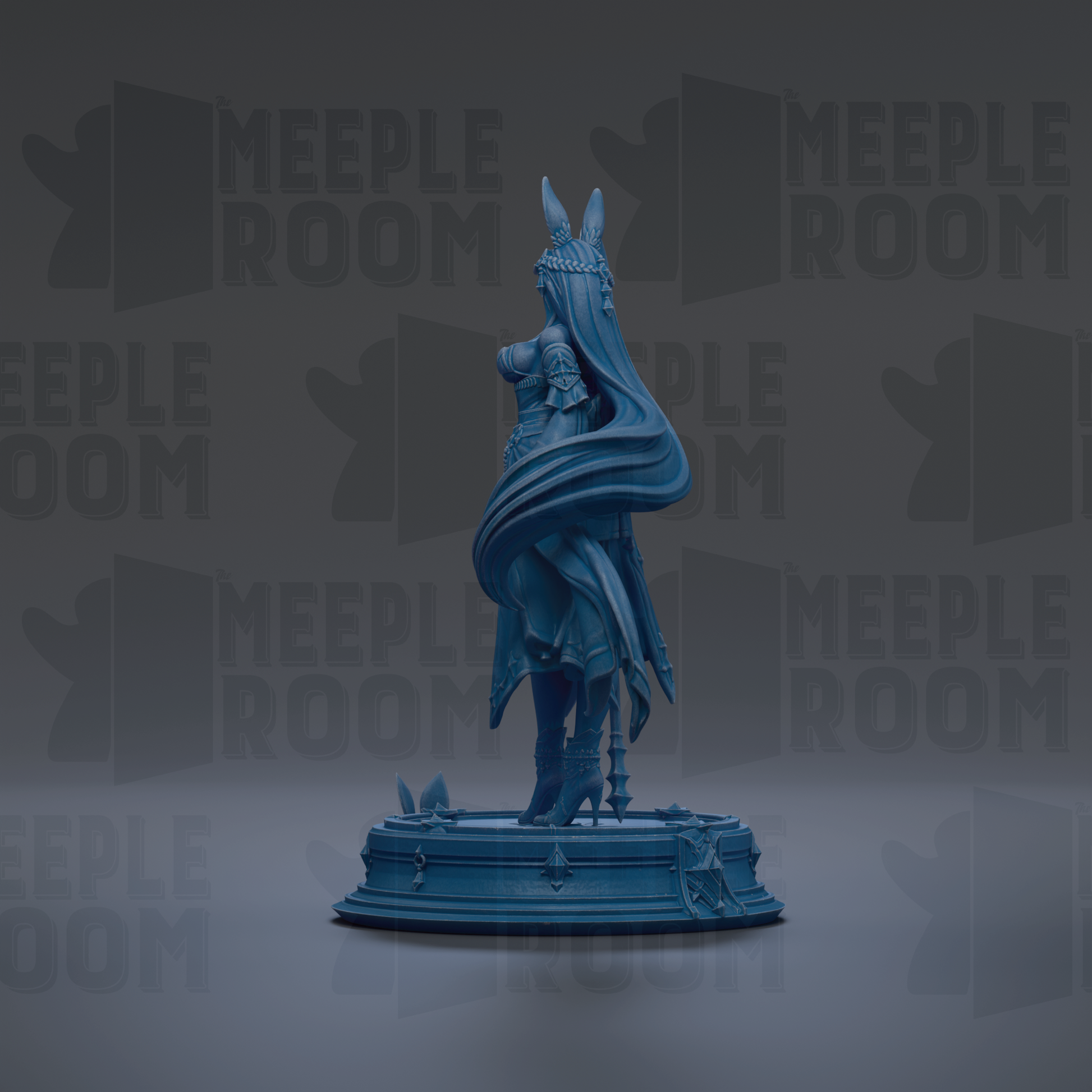 A blue statue of a figure with long hair and a flowing cloak stands on a pedestal against a dark background with repeated "MEIPLE ROOM" text.
