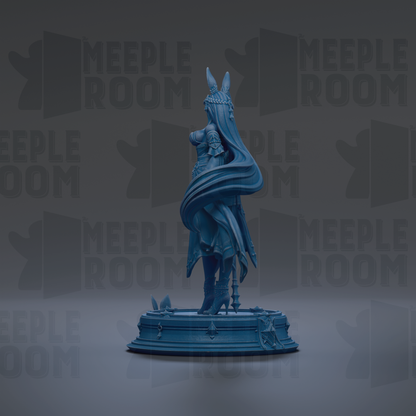A blue statue of a figure with long hair and a flowing cloak stands on a pedestal against a dark background with repeated "MEIPLE ROOM" text.