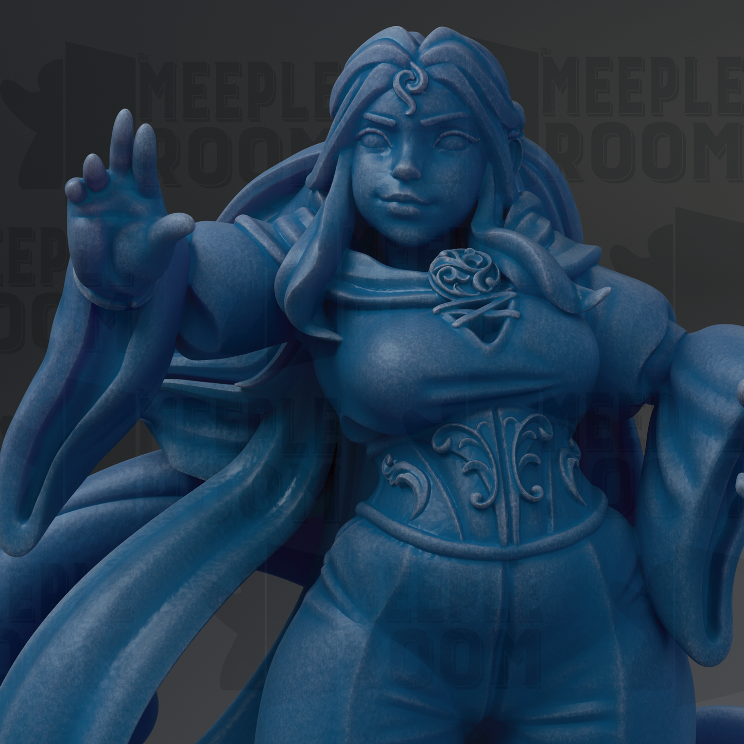 A close-up of a blue, 3D-rendered female character with flowing hair and a detailed design on her clothing.