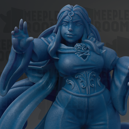 A close-up of a blue, 3D-rendered female character with flowing hair and a detailed design on her clothing.