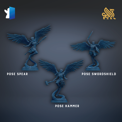 three figurines of winged figures, each with a different pose: a spear, a swordshield, and a hammer.