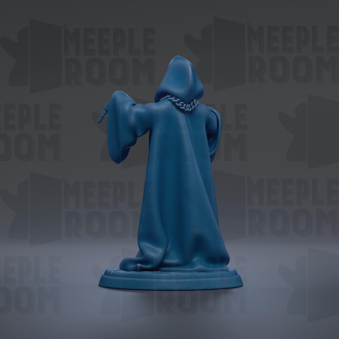 A blue figurine of a figure with a hooded cloak, standing on a base and facing away from the camera.
