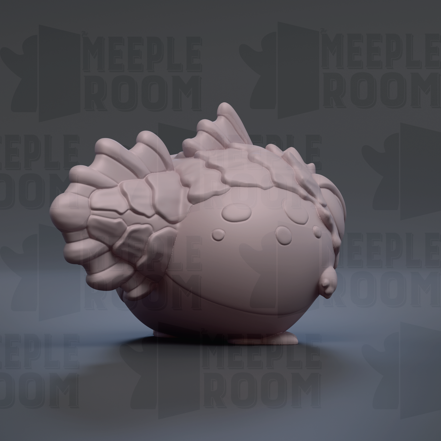 A 3D rendering of a stylized, abstract fish-like creature with a round body and fins, set against a dark background with repeated text.