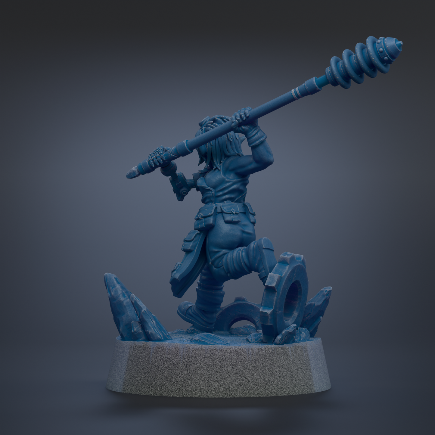 A blue figurine of a warrior wielding a large weapon, standing on a rocky base.