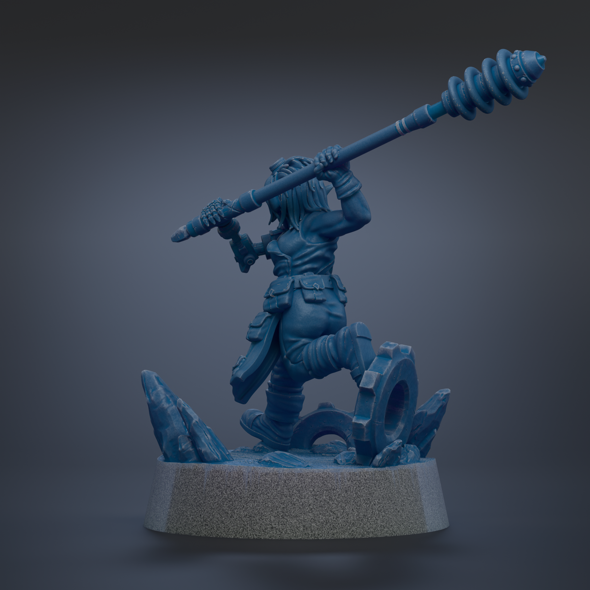 A blue figurine of a warrior wielding a large weapon, standing on a rocky base.