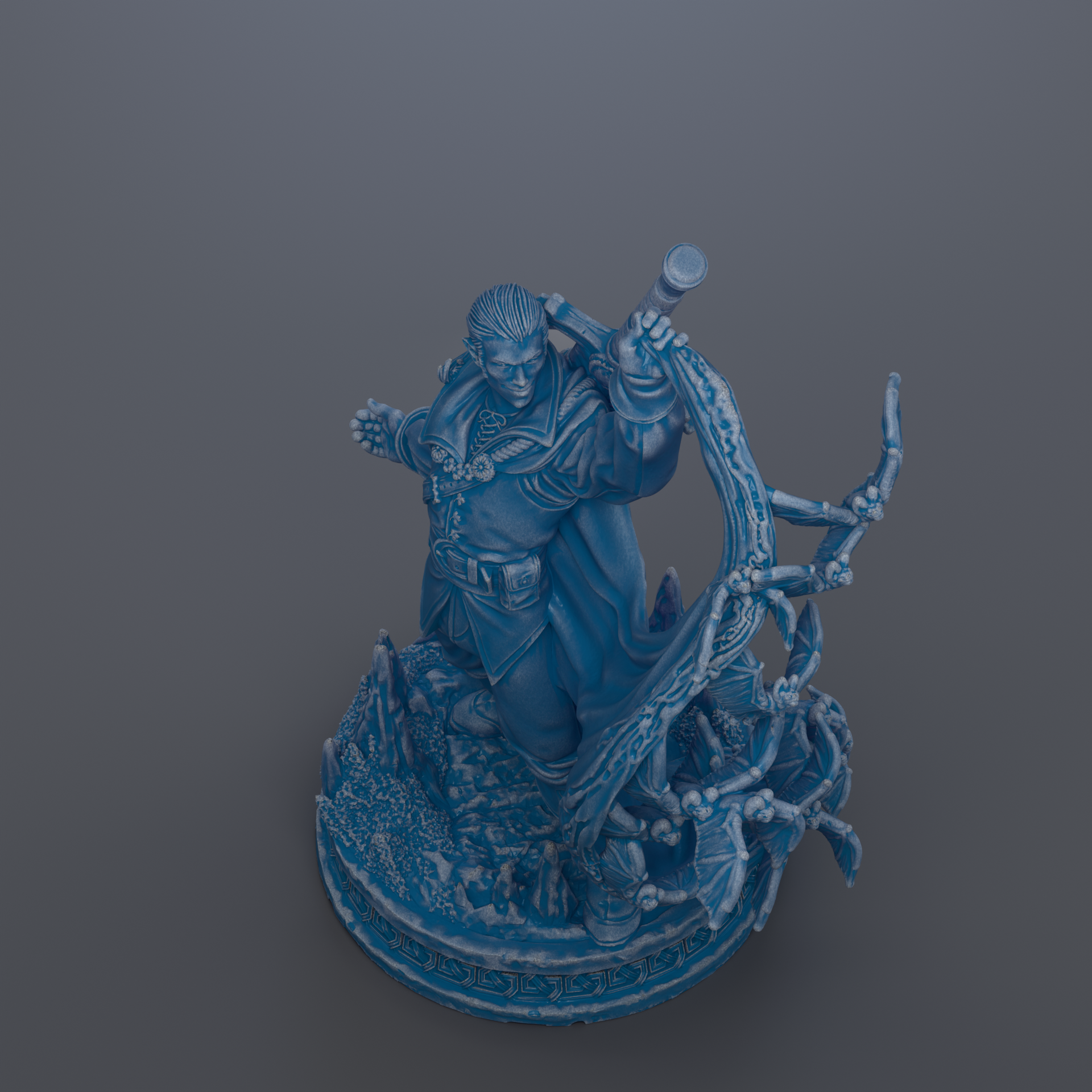 A 3D rendering of a blue statue depicting a figure with a sword and shield, standing on a base with a tree-like structure.
