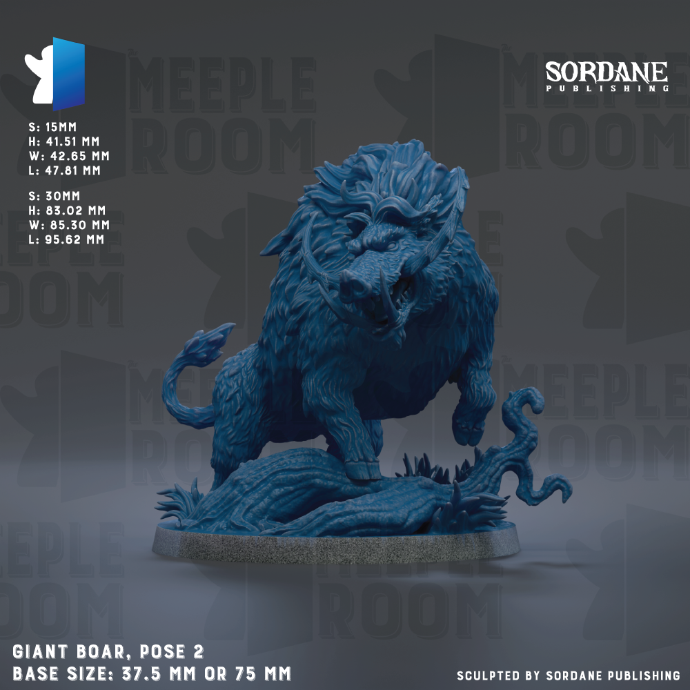 a large, blue, sculpted statue of a boar, with a detailed and intricate design. The statue is positioned on a base that is described as either 7.5 mm or 75 mm in size. The image is a part of a larger collection, as indicated by the text "SORDANE PUBLISHING" and "GIANTS BOAR, POSE 2". The image is not a single photograph but rather a collage of multiple images, and it is not a description of the individual images but rather a description of the entire collection.