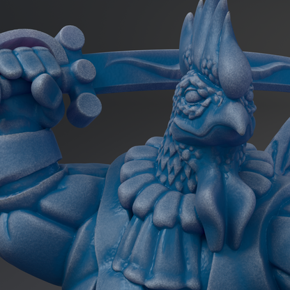 A close-up view of a blue, sculpted figure with a detailed, intricate design.