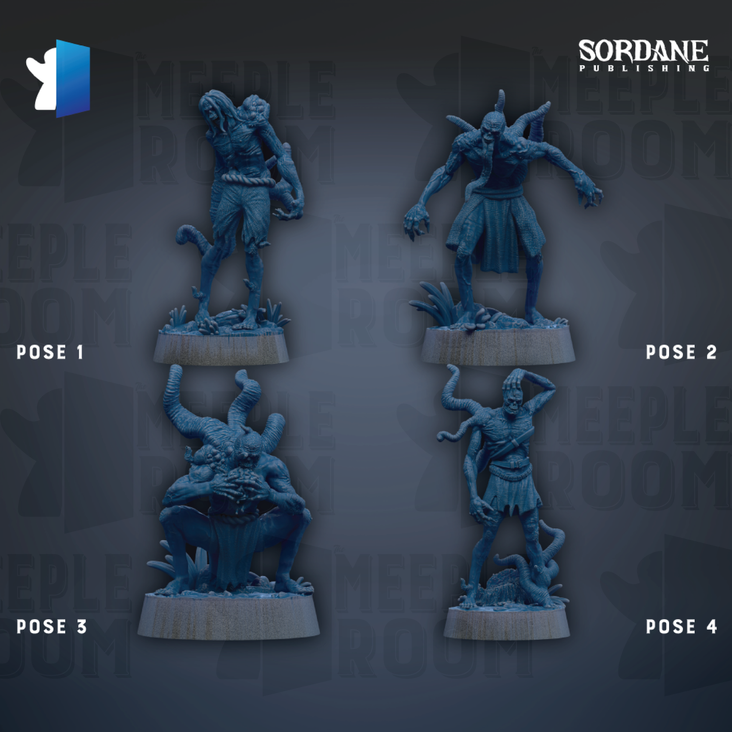 four figurines of fantastical creatures, each with a unique pose, arranged in a grid-like pattern against a dark background.