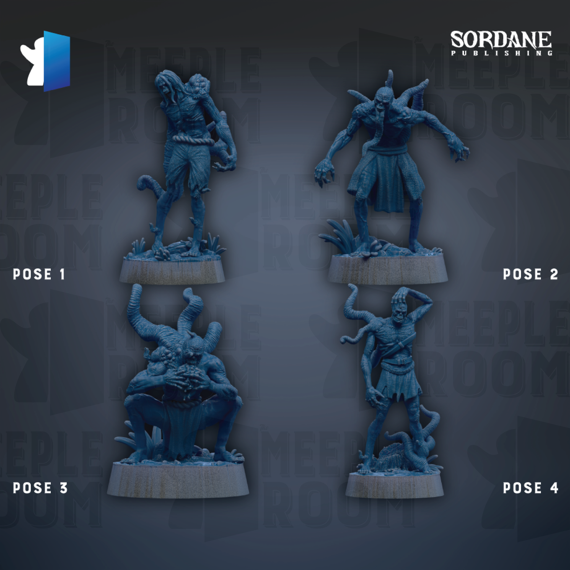 four figurines of fantastical creatures, each with a unique pose, arranged in a grid-like pattern against a dark background.