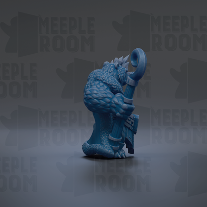 A blue, 3D-rendered creature with a curved head and long tail, holding a staff, is the central focus of the image.