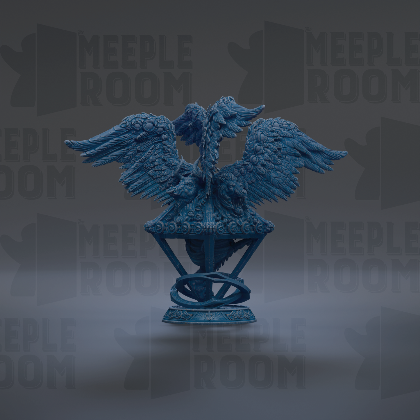 A blue, winged statue of a mythical creature, possibly a dragon or phoenix, with intricate details and a prominent head.