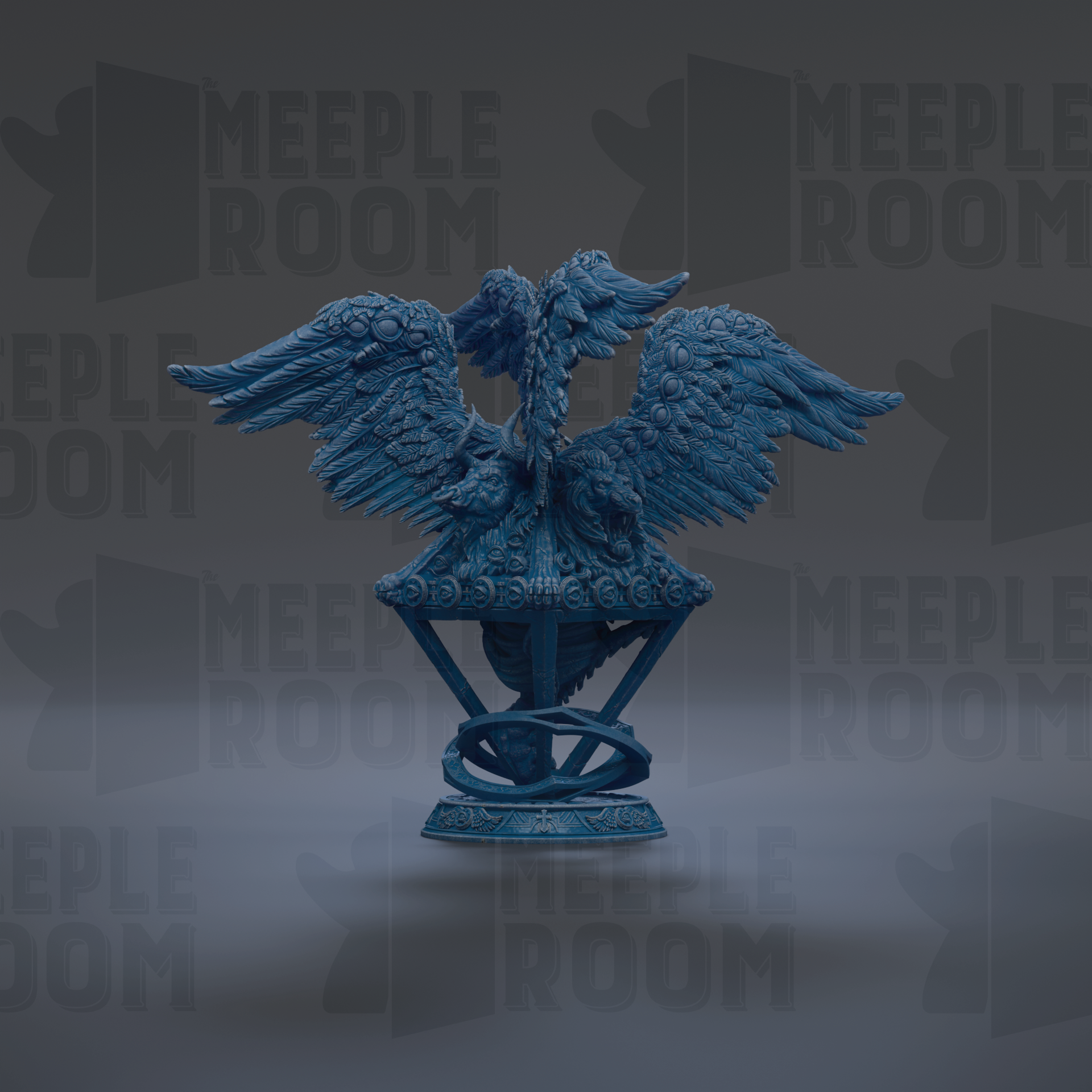 A blue, winged statue of a mythical creature, possibly a dragon or phoenix, with intricate details and a prominent head.