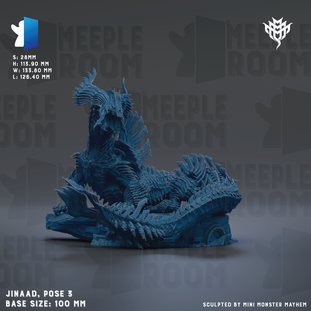 The image is a 3D rendering of a large, intricate blue dragon sculpture. The dragon is posed in a dynamic, reclining position, with its wings spread wide. The dragon is set against a dark background, which highlights its details and colors. The image is a 3D rendering of a dragon sculpture, and it is described as a "JINAA, pose 3" base size of 100 mm.